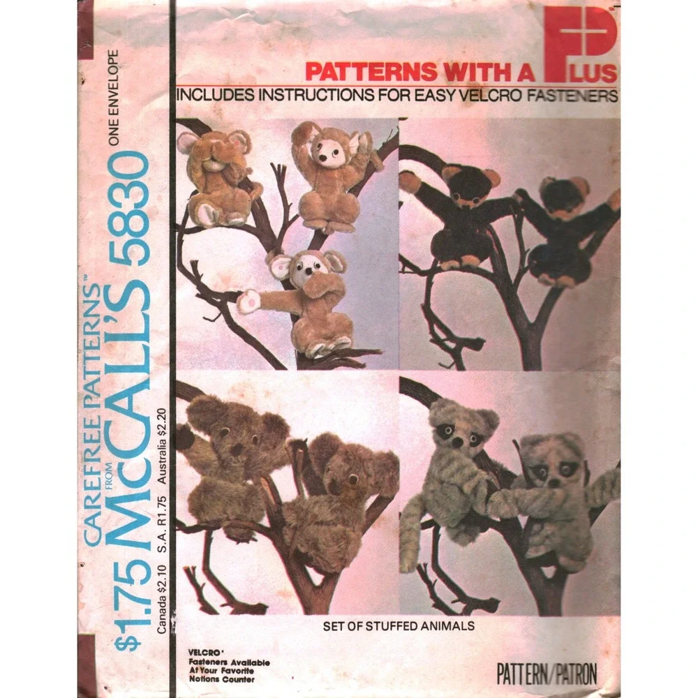 Vintage McCalls 5830 Stuffed Animal Pattern Monkey Koala Raccoon Honey Bear 11